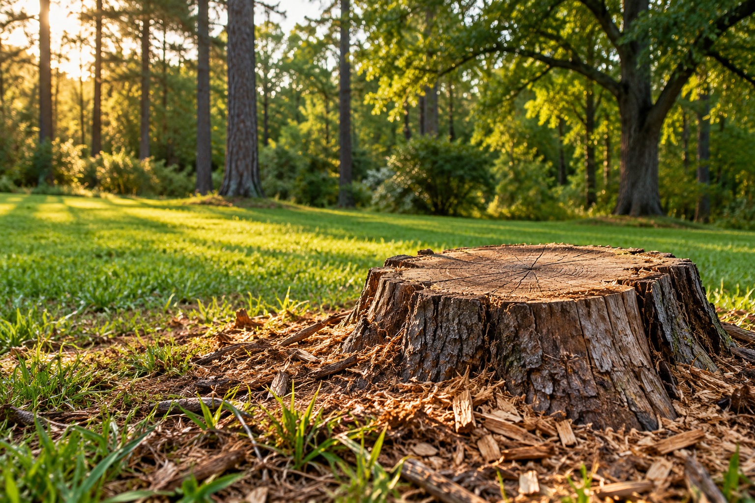 Illustrative tree stump in a sunlit woodland lawn